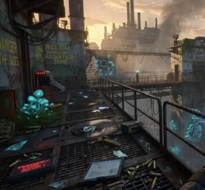 GAMEBOOSTER-omgeving met futuristische datavelden, energielijnen en interactieve elementen